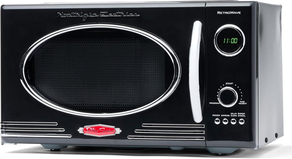 Four micro-ondes, verre, éclairage LED, 800 W, Nostalgia, 5 niveaux, 25 L, 5 niveaux de puissance et 12 réglages de cuisson, RMO4BK, affichage LED