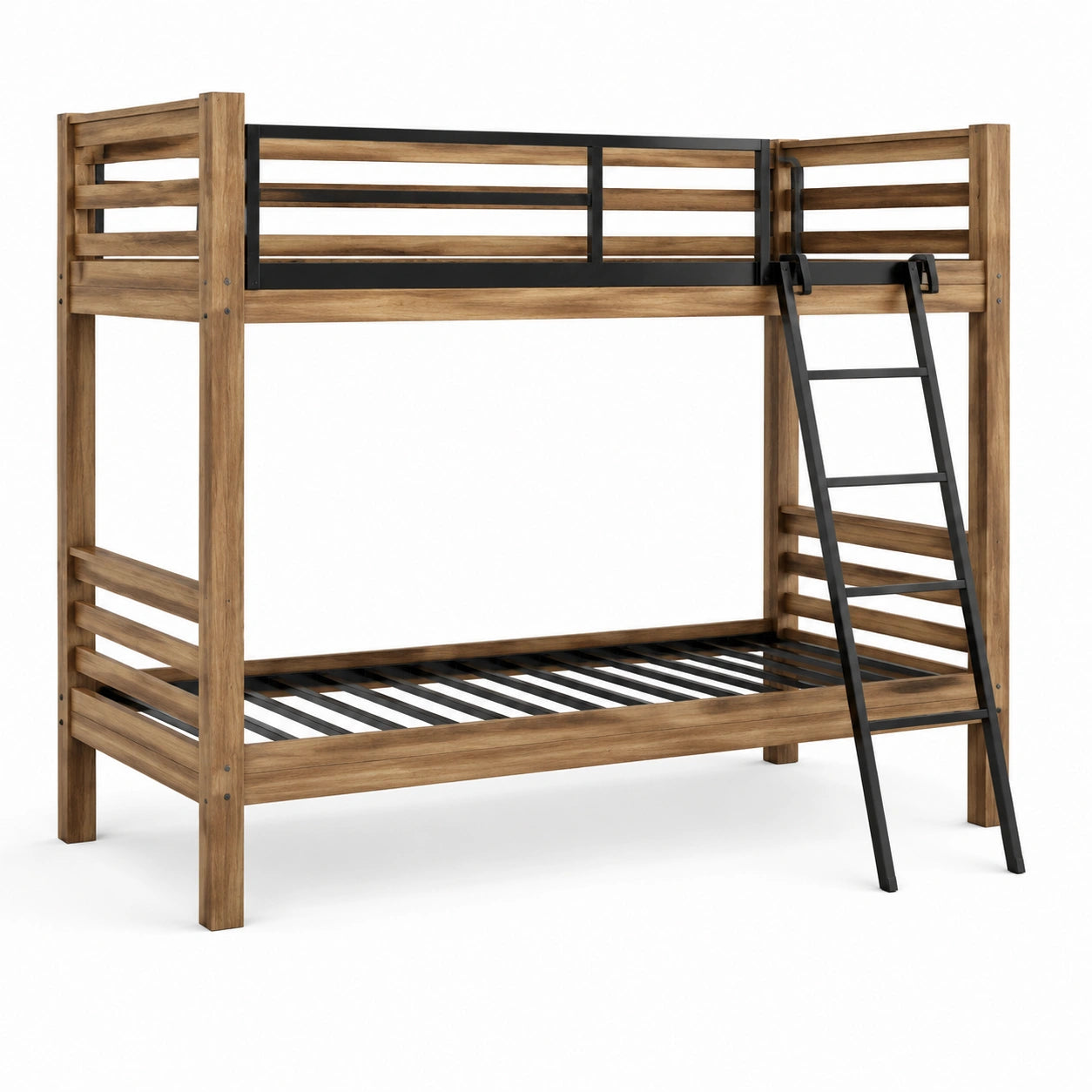 Lit superposé en bois d'acacia et métal noir 200x90 cm