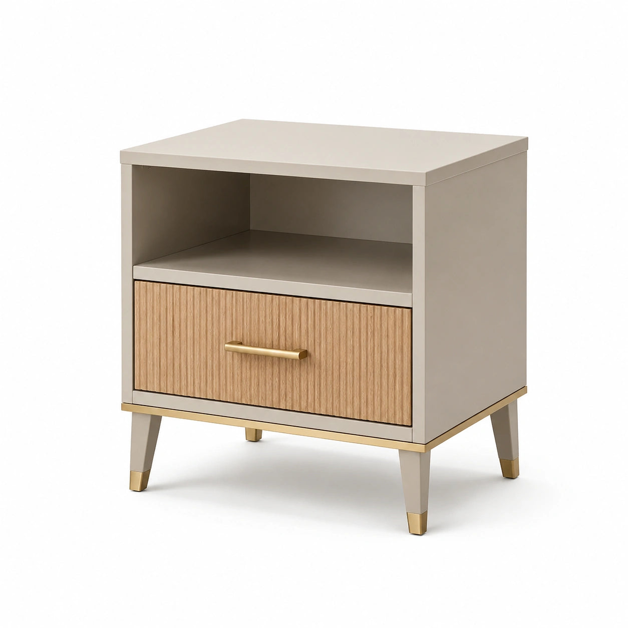 Table de chevet en bois MDF beige et naturel avec pieds en métal