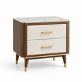 Table de chevet en bois blanc et brun avec dessus en marbre