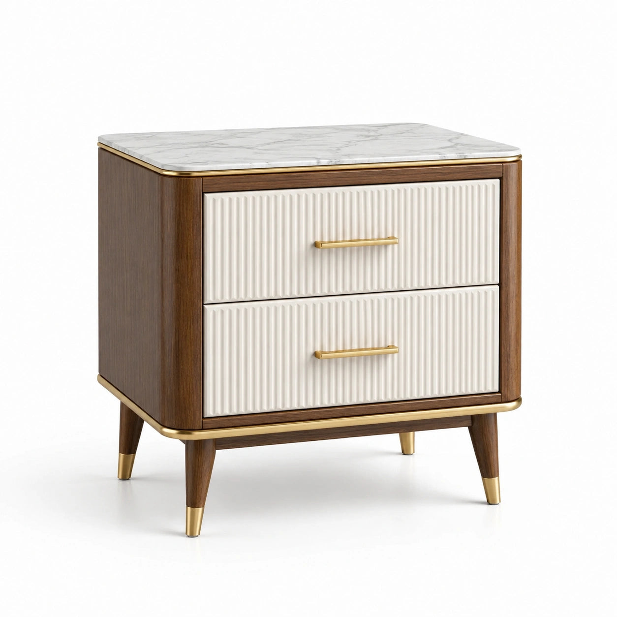 Table de chevet en bois blanc et brun avec dessus en marbre