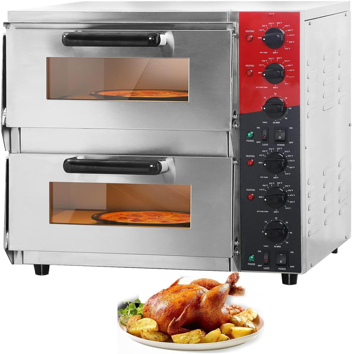 XSDAJSD Four à pizza, machine à pizza de comptoir électrique pour restaurant et fête, 2 niveaux, réglable, acier inoxydable, 3200 W