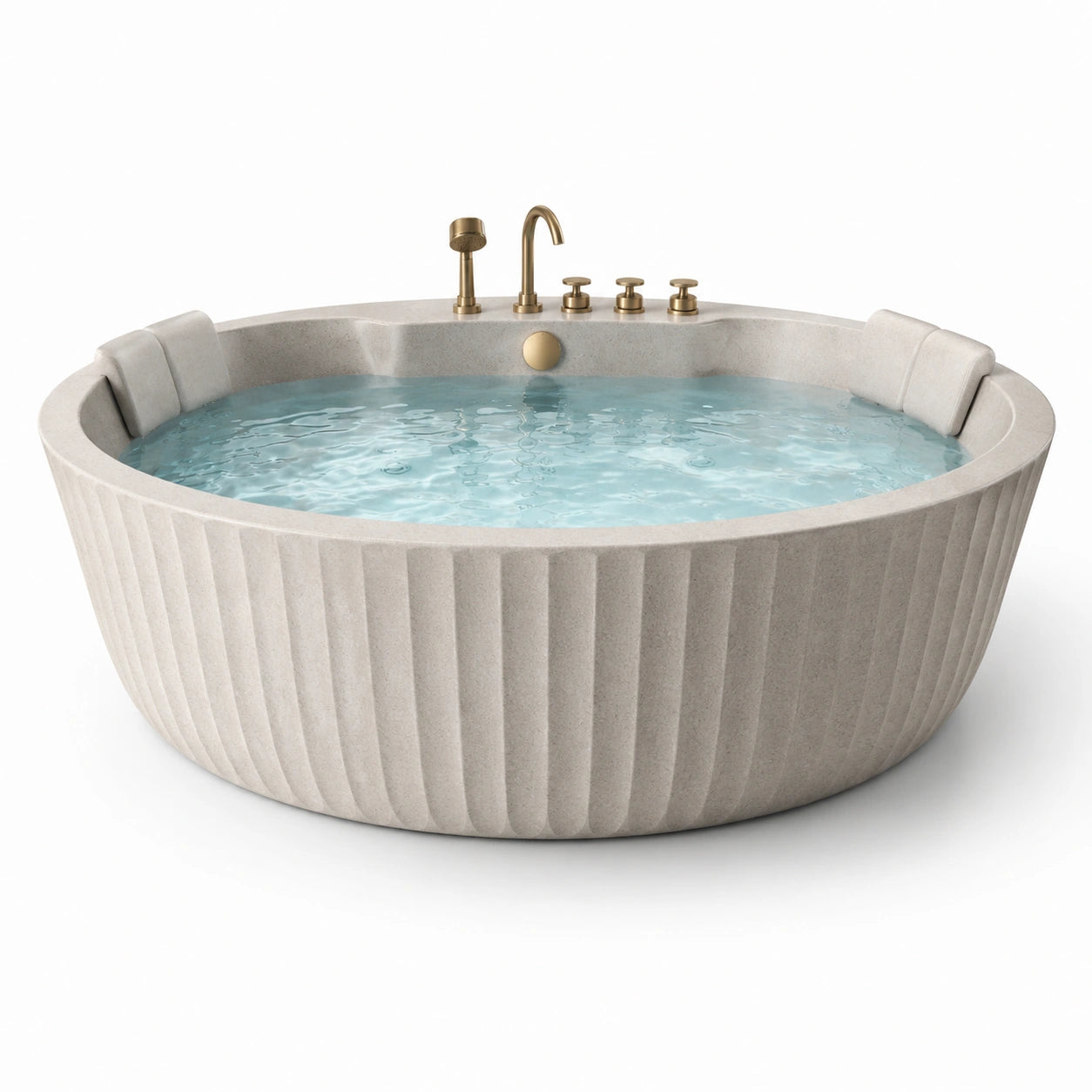 Baignoire ronde en pierre composite beige avec robinets en laiton