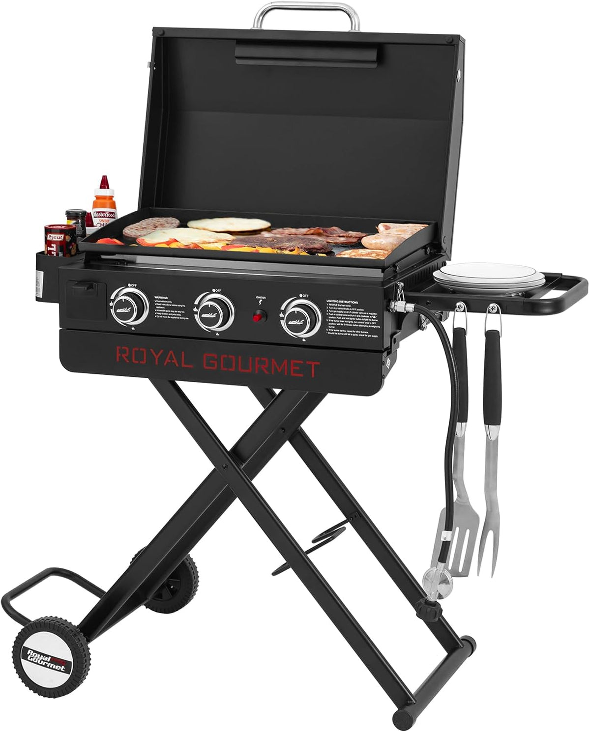 Royal Gourmet PD3001 Plancha à gaz propane 3 brûleurs 23 pouces, plaque céramique, support pliable et roulettes