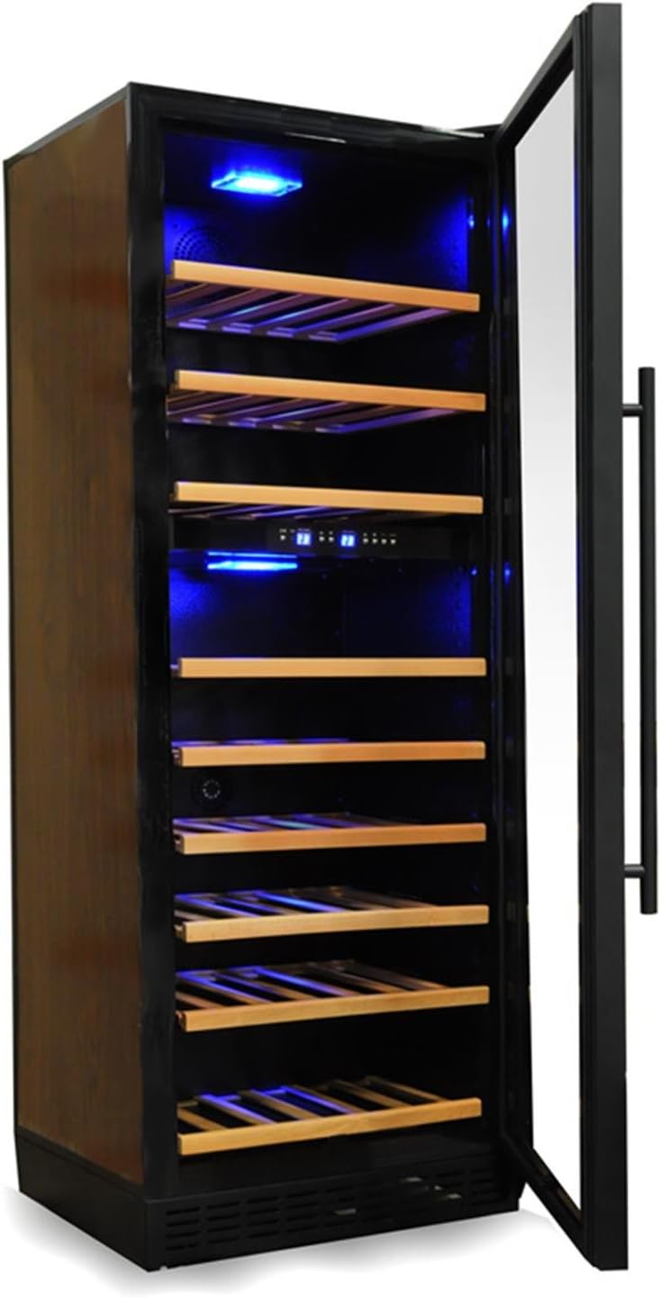 Cave à vin, 48 dB, réglable, - Bois naturel, KLARSTEIN, 48dB, 120 Bouteilles, 270 litres, silencieux 48dB, Armoire à vin design