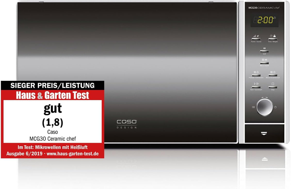 Four micro-ondes, 2 niveaux, Micro-ondes MCG30 Ceramic Chef 3 en 1 avec grill + air chaud 2100W 30L, grille pour 2 niveaux, Caso, 900 W