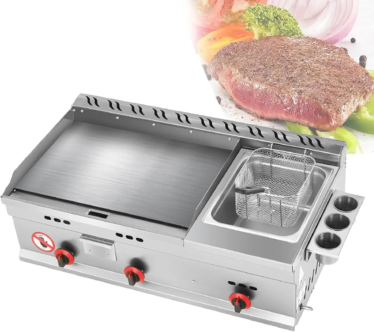 XCSCUK Gaufrier, réglable, acier inoxydable, poêle à Frire Teppanyaki Commerciale en Acier Inoxydable, température réglable, avec friteuse