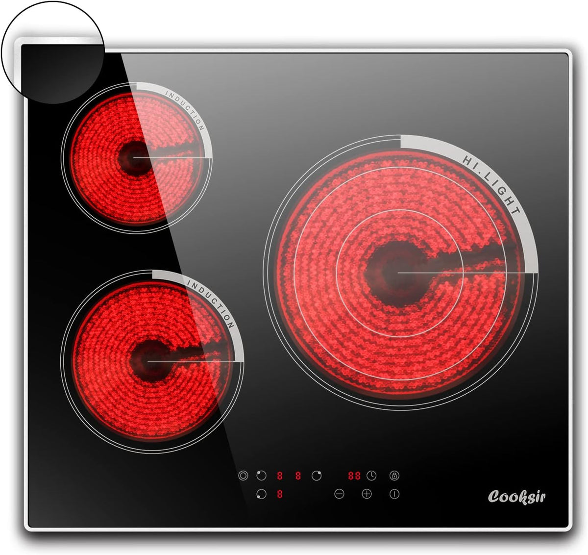 Cooksir Plaque de cuisson, 9 NIVEAUX, Plaque Vitrocéramique 3 Foyers avec Cadre en Bord Inox, 5700W, 60CM, 240V, acier inoxydable