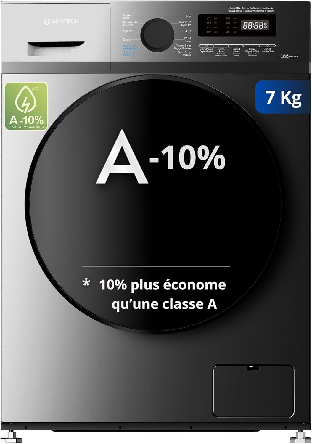 Lave-linge GEDTECH GLL71200BL, éclairage LED, 16 programmes, 7 Kgs, 1200 tr/mn, Eco, Intensif, Rapide, Très Faible conso