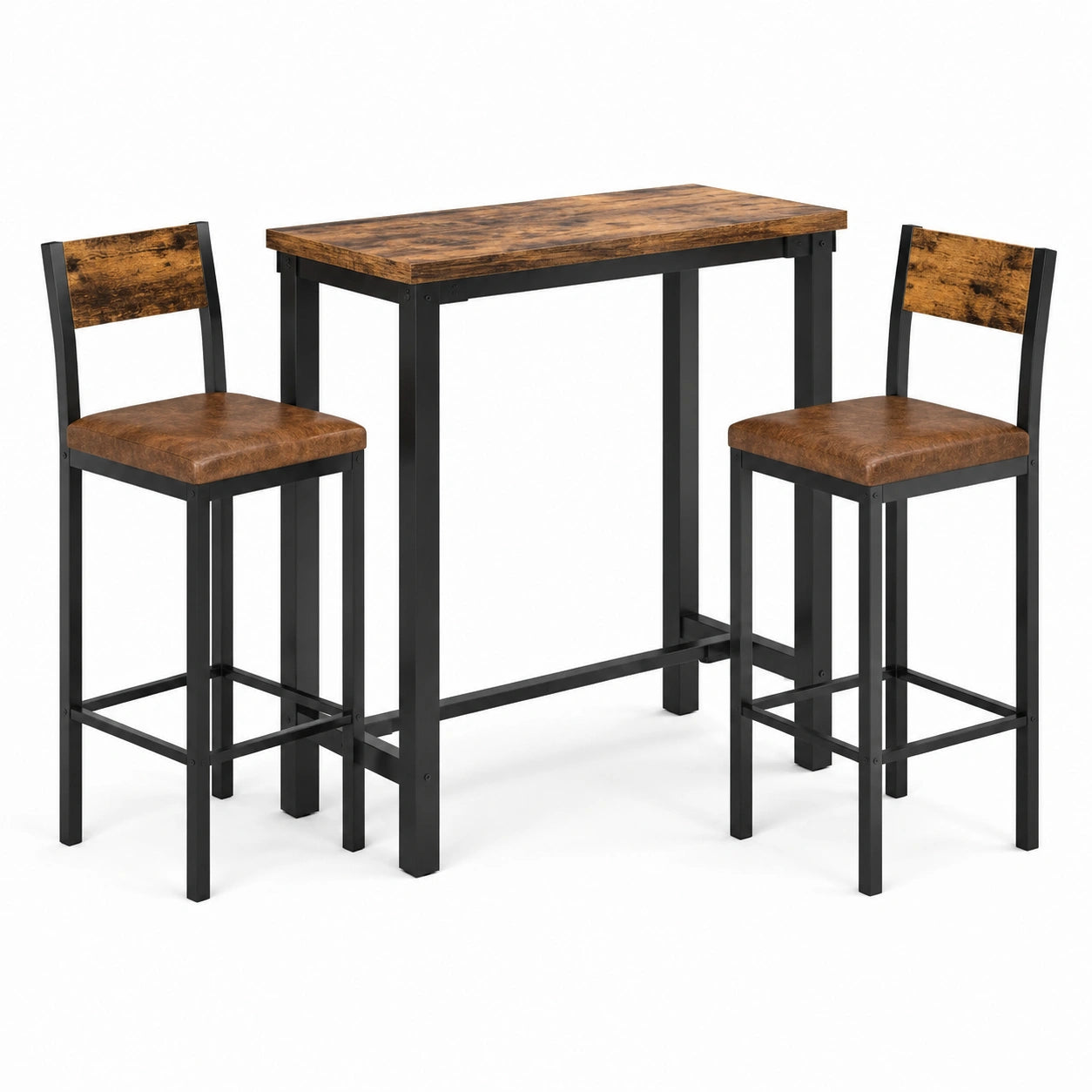 Ensemble table haute en bois et tabourets en métal marron et noir