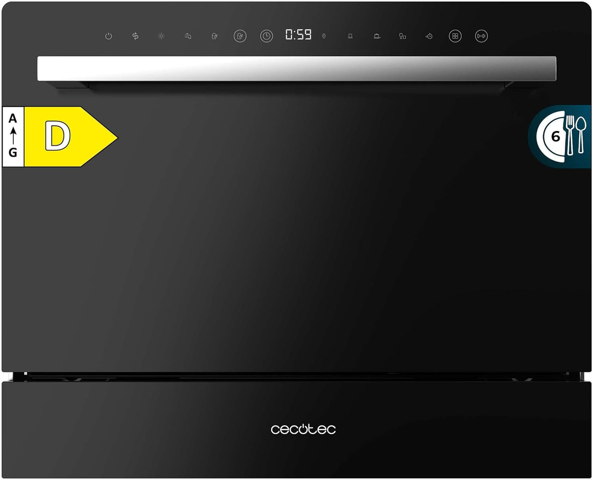 Lave-vaisselle Cecotec, Finition en Verre Noir, Lave-Vaiselle Compact Bolero Aguazero 2400 Noir Glass 6 Couverts. 1380W, 5 Programmes
