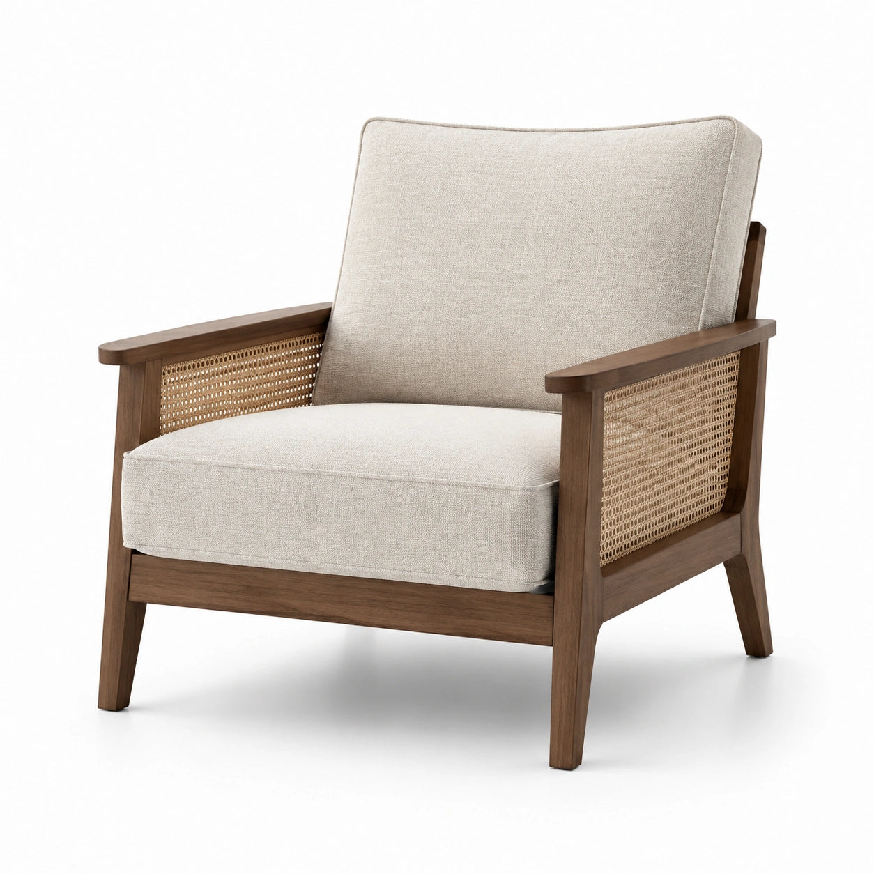 Fauteuil en bois et rotin avec coussins en tissu crème