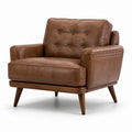 Fauteuil en cuir véritable marron avec pieds en bois massif