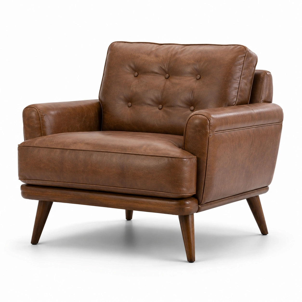 Fauteuil en cuir véritable marron avec pieds en bois massif