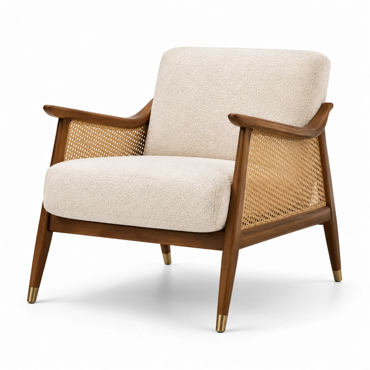 Fauteuil en bois avec tissu bouclé crème et cannage