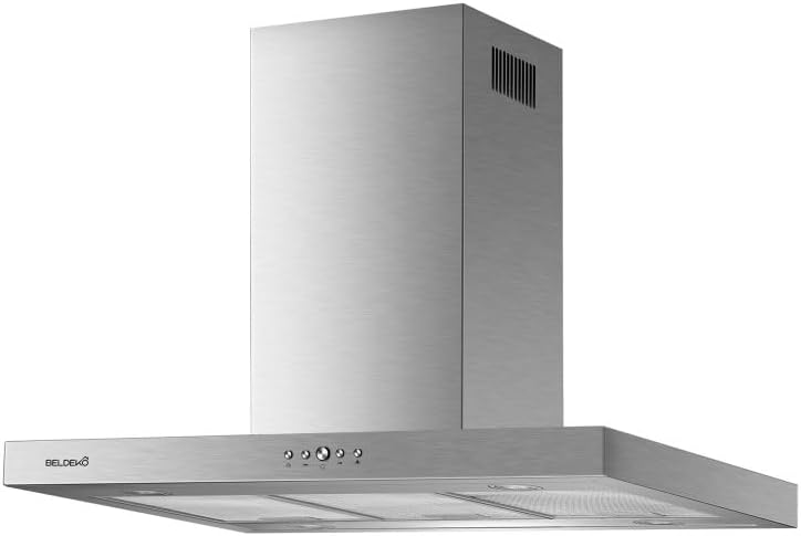 BELDEKO Hotte aspirante, Hotte Îlot 90 cm Inox 553 m3/h 3 Vitesses, éclairage LED, 71 dB, 1180 mm, acier inoxydable, réglable, minuterie