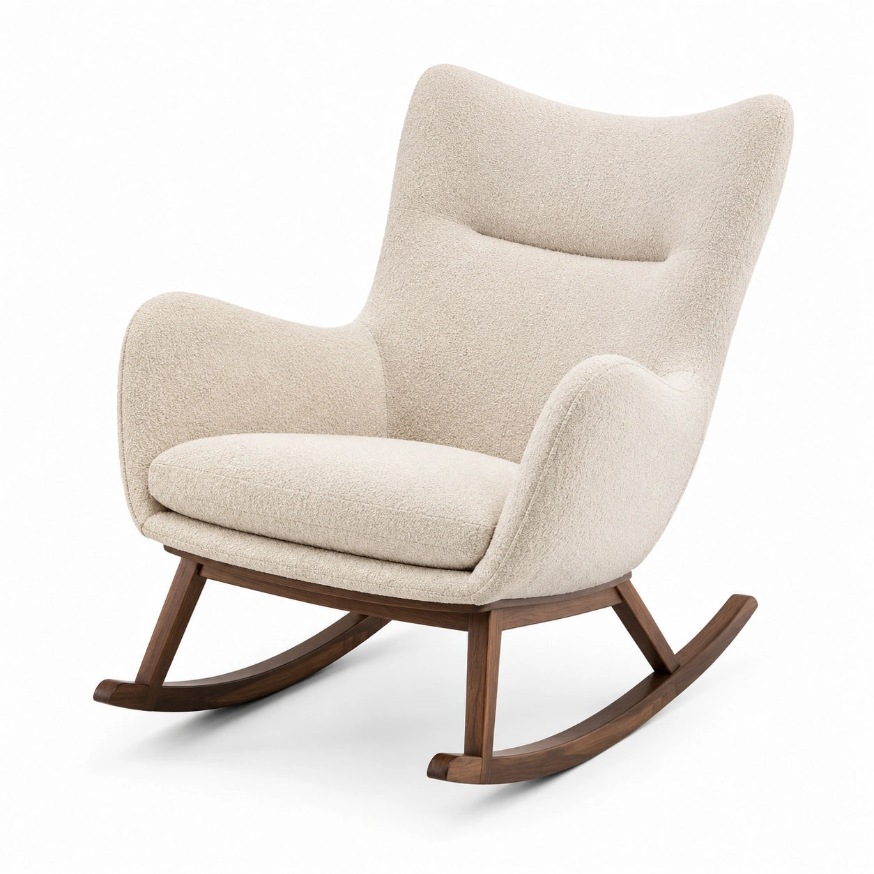 Fauteuil à bascule en bois et tissu bouclé crème