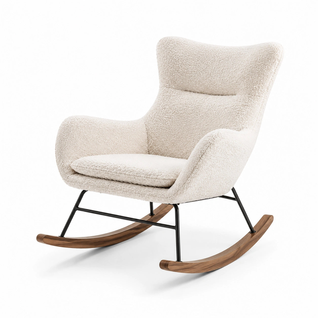 Fauteuil à bascule en tissu bouclé blanc avec base en bois et métal