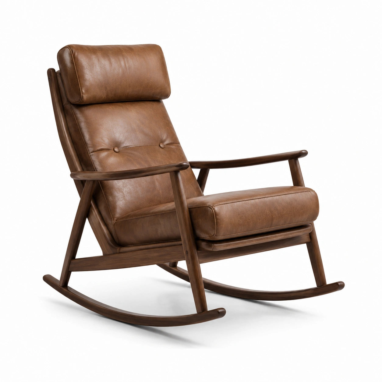 Fauteuil à bascule en bois de noyer et cuir véritable marron
