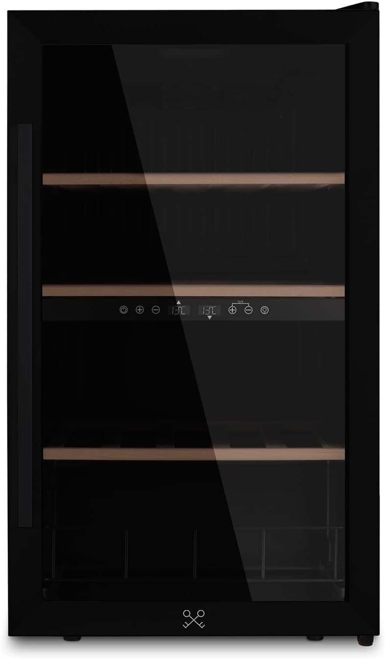Cave à vin, acier inoxydable, éclairage LED, 48 × 43 × 85 cm, LES PETITS CHAMPS, 80 l, CAVCDB32, 80L, 18°C, 32 bouteilles, 12 °C, réglable, verre