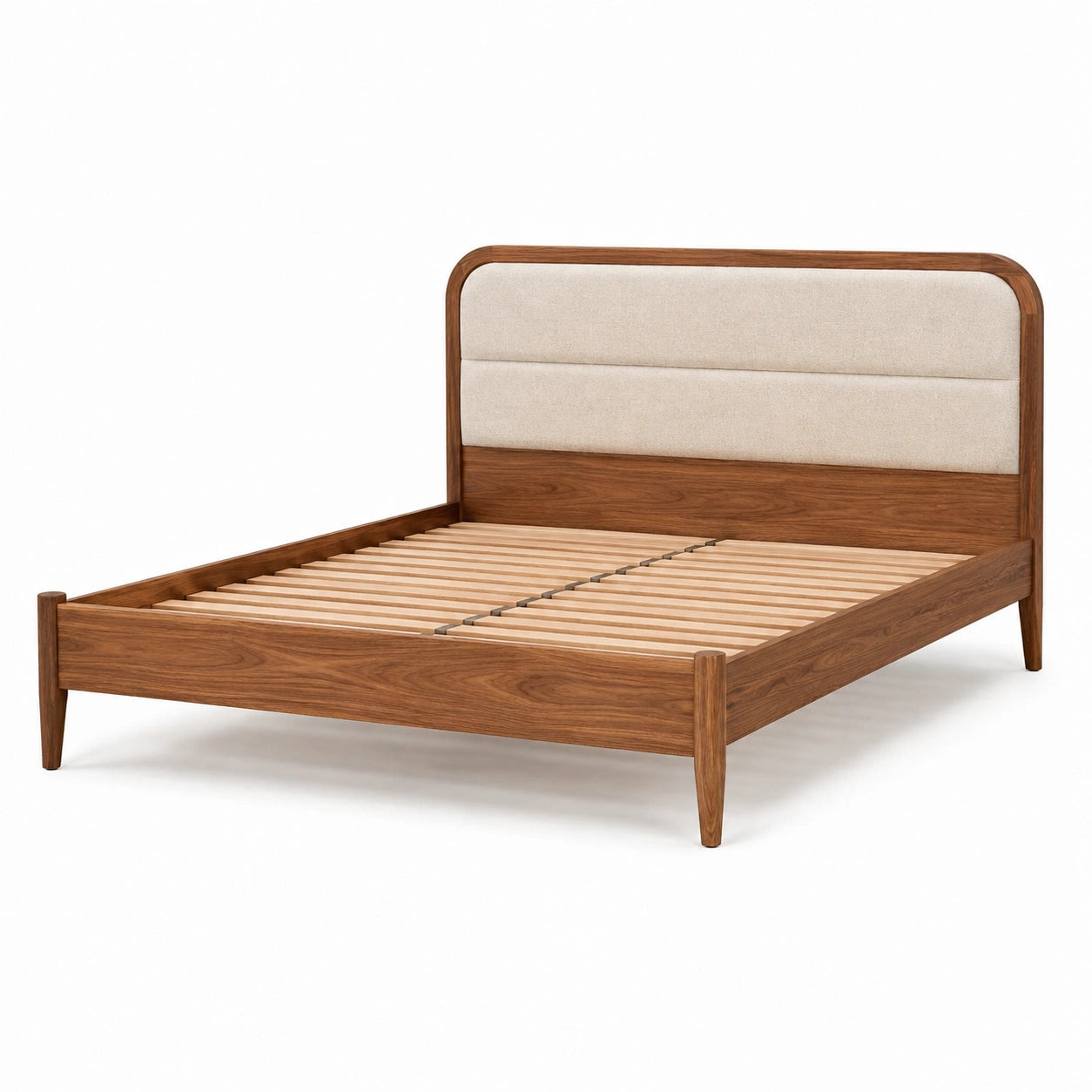 Lit double en bois avec tête de lit en tissu beige