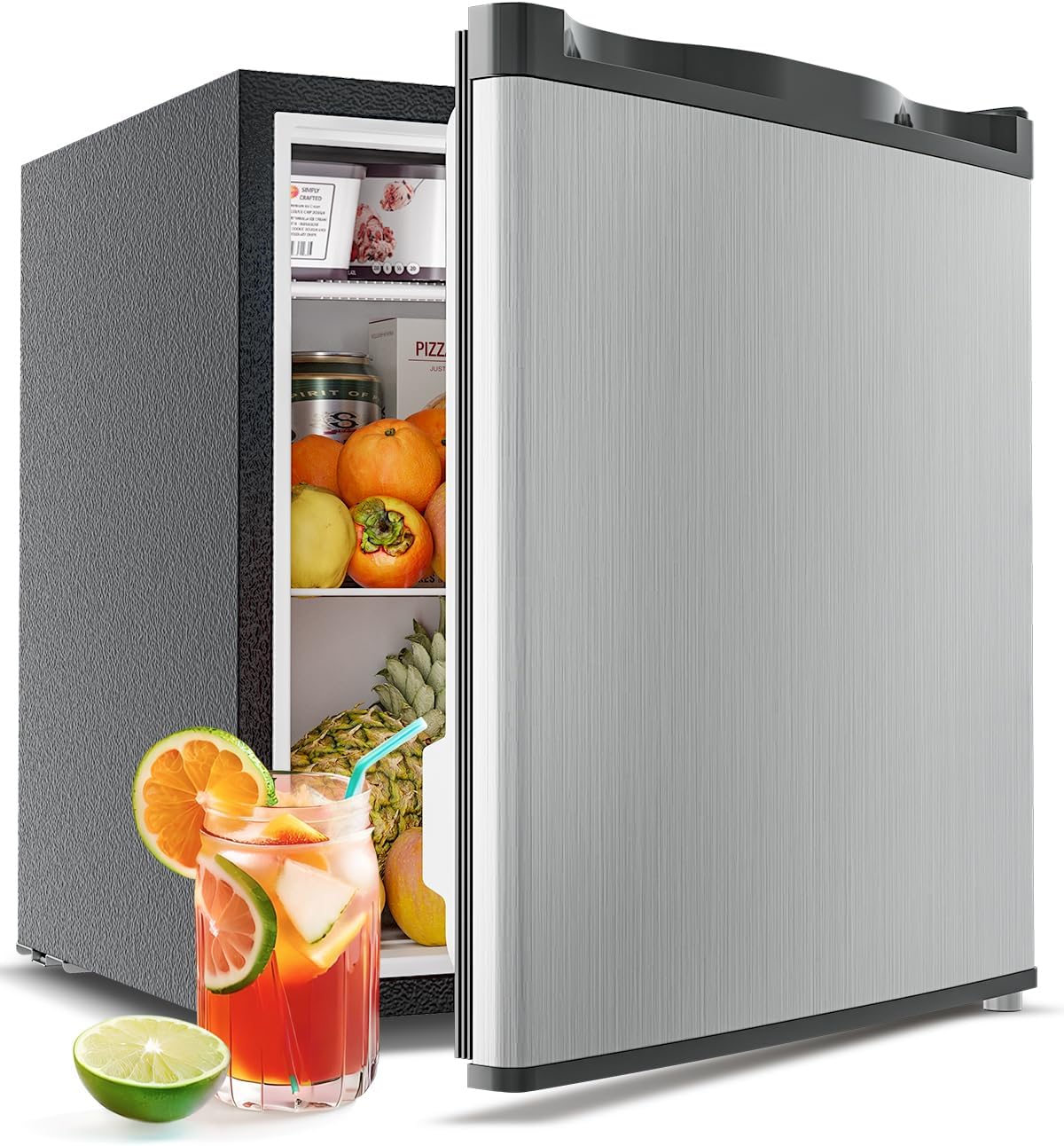 Feelfunn Mini-réfrigérateur 1,7 pi³ avec compartiment congélateur, thermostat 7 niveaux, porte réversible, argent