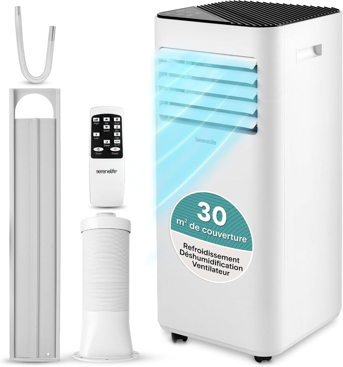 Climatiseur SereneLife, télécommande, 9000 BTU, pour 28 m2, 9 000 BTU, 1, 2 L, Kit Fenêtre et Télécommande, 2, 0 kW, 2, 64 kW, 360 m3/h