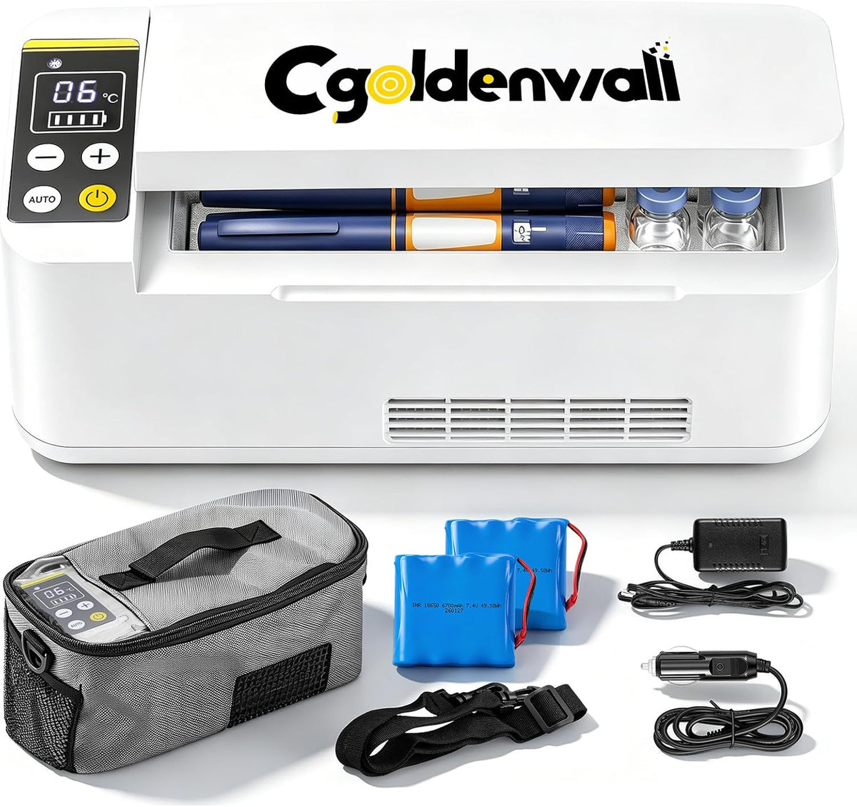 Mini réfrigérateur, 180 × 79 × 31 mm, CGOLDENWALL, 12 V, 7, 4 V, 180 × 79 × 31mm, 20°C, 32 °C, 5 °C, 6700 mAh, 220V, 10 bouteilles, commande tactile
