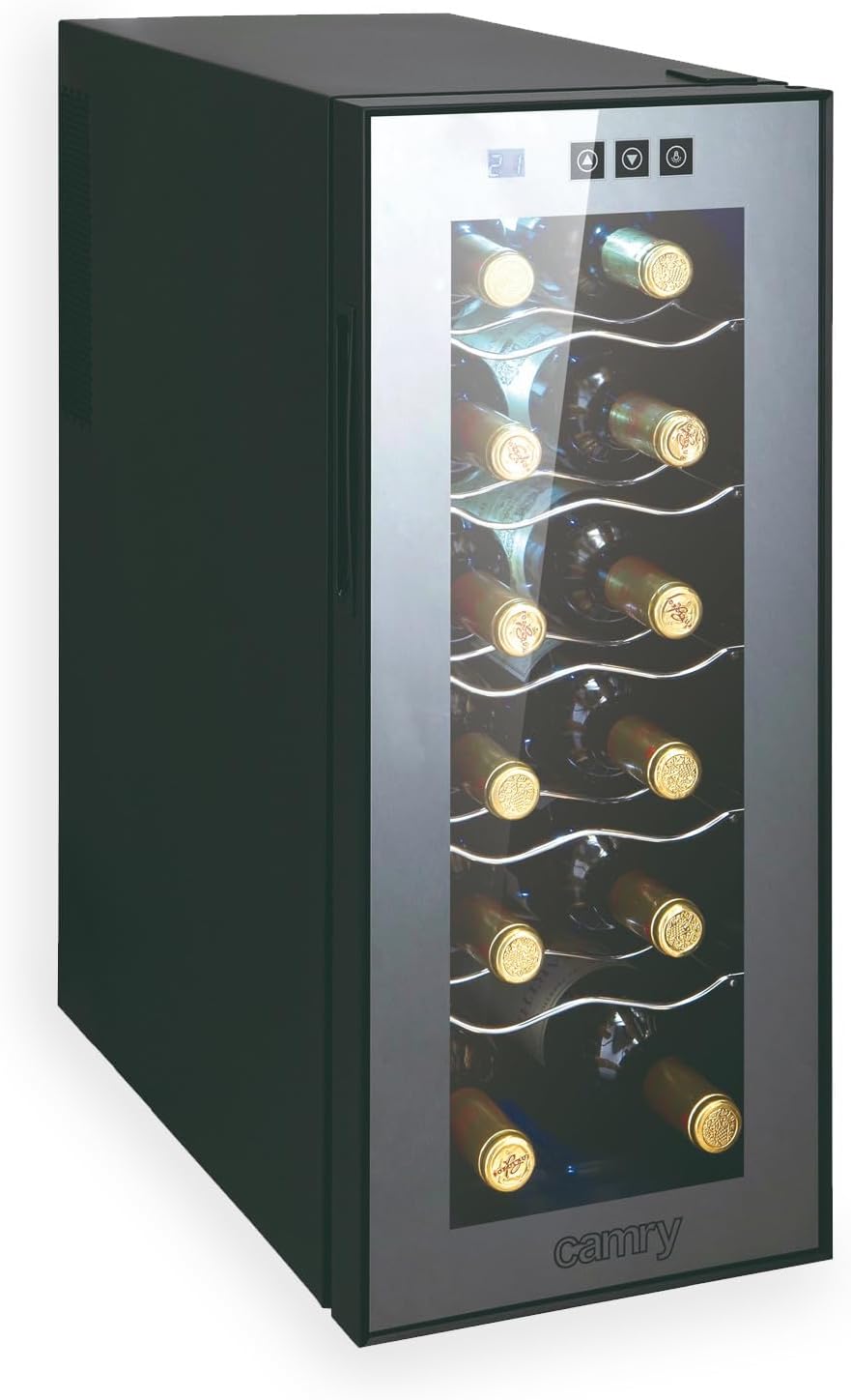 CAMRY Cave à vin, 38 dB, éclairage LED, Avec porte en verre, 230 V, 25 cm, 51 cm, 62 cm, 19 cm, 33 cm, 54 cm, 12 bouteilles, 18 °C