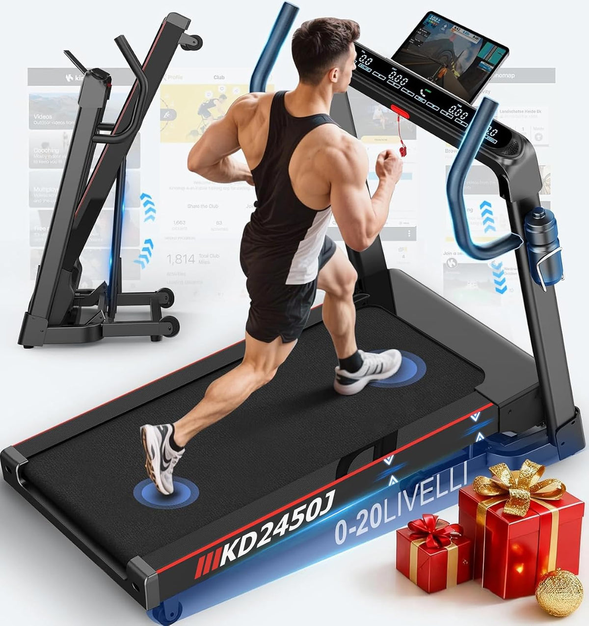 Tapi de course, Tapis de Marche Pliable pour la Maison, Bluetooth, 20 Niveaux, Decorcn, 20 Niveaux de Pente Automatique, 1-18km, 180KG, 7CV