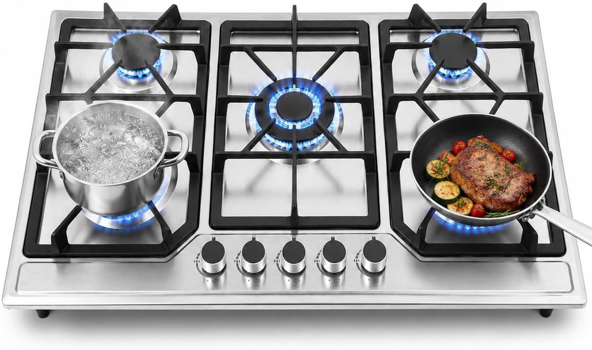 Chensyo Plaque de cuisson, 86cm, Avec buse NG/LPG, acier inoxydable, 1 kW, 1KW, Plaque Gaz 5 Feuxs Encastrable, Table Gazs 86cm