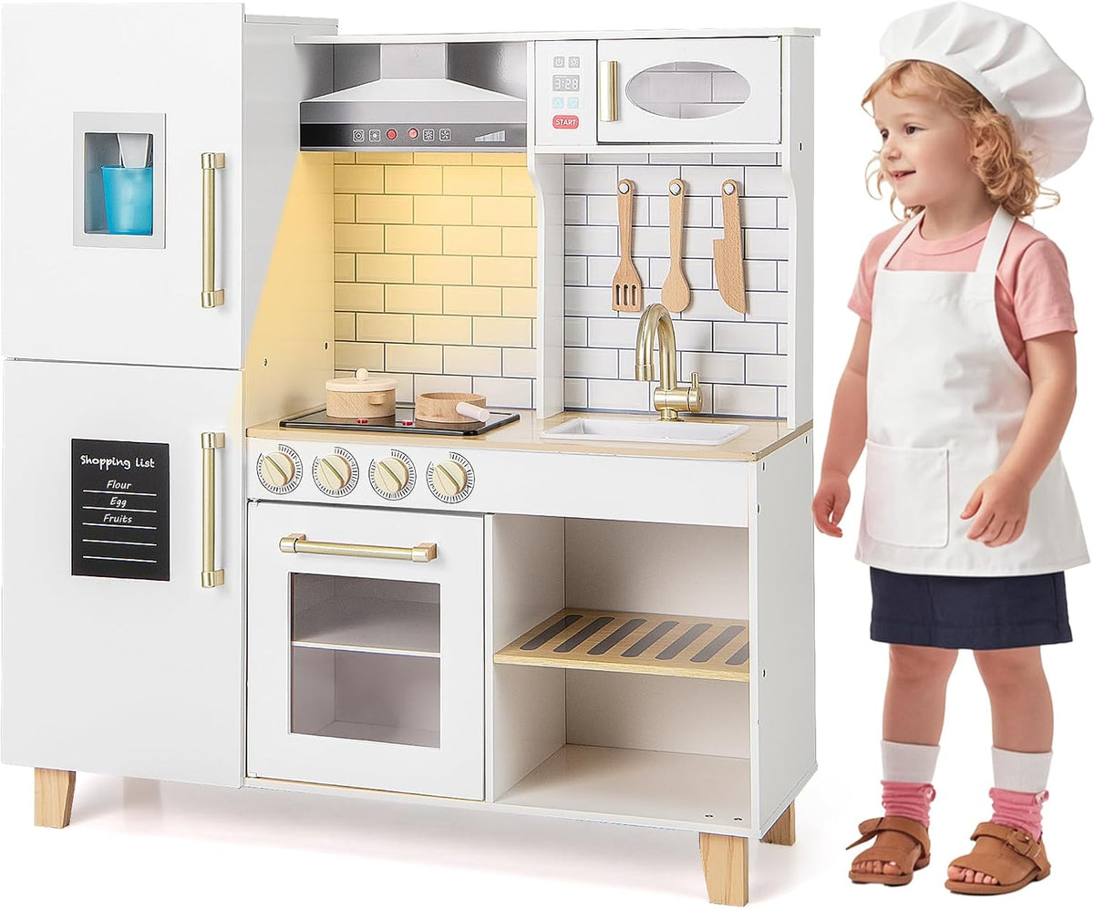 Cuisine jouet, Cuisine de Jeu en Bois avec Lumière et Son, HOMASIS, Blanc, Évier, Cuisinière, Hotte Aspirante, Four, Micro-Ondes, Tableau