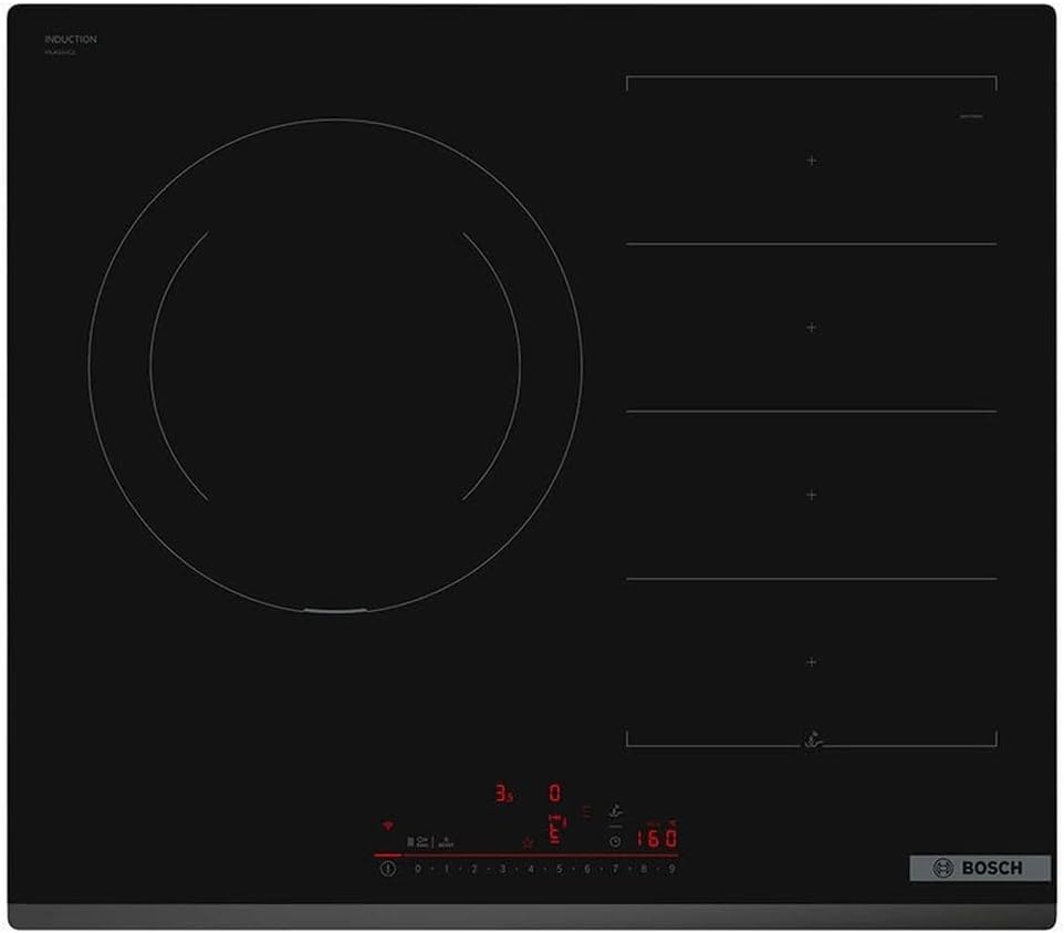 Plaque de cuisson Bosch PXJ631HC2E, 60 cm, 28 cm, 21 × 38 cm, 5, 1 × 59, 2 × 52, 2 cm, Flexinduction et zone de 28 cm, 7, 4 kW, série 6, noir