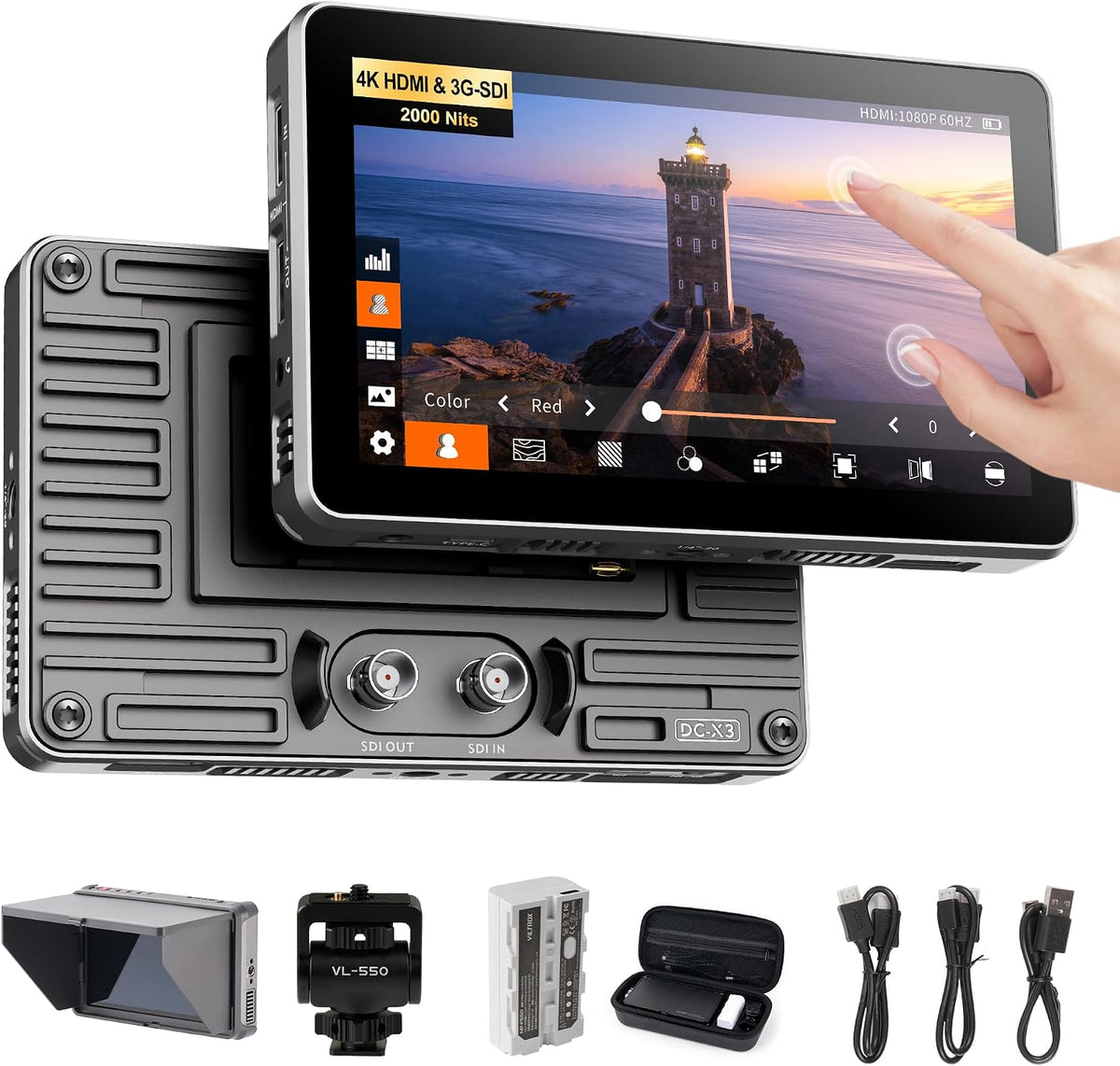 VILTROX DC-X3 Moniteur vidéo 6 pouces Full HD tactile, 2000 nits, HDMI 4K 30 Hz, 3G-SDI, LUT 3D et pare-soleil