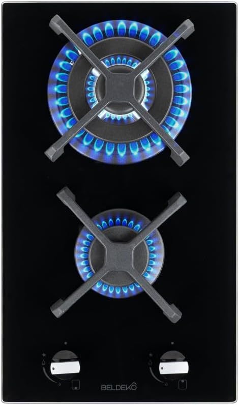 BELDEKO Plaque de cuisson, 30 CM, verre, 5200 W, 5200W, Plaque Gaz 2 Feux Domino 5200W Double Couronne, Marque Française