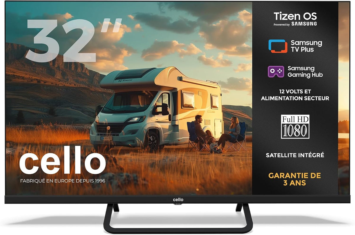 Cello CTRAV-32TZ Téléviseur, CTRAV-32TZ TV LED Smart 32' sans Cadre 12V avec Tizen OS de Samsung, Bluetooth, éclairage LED, HDMI