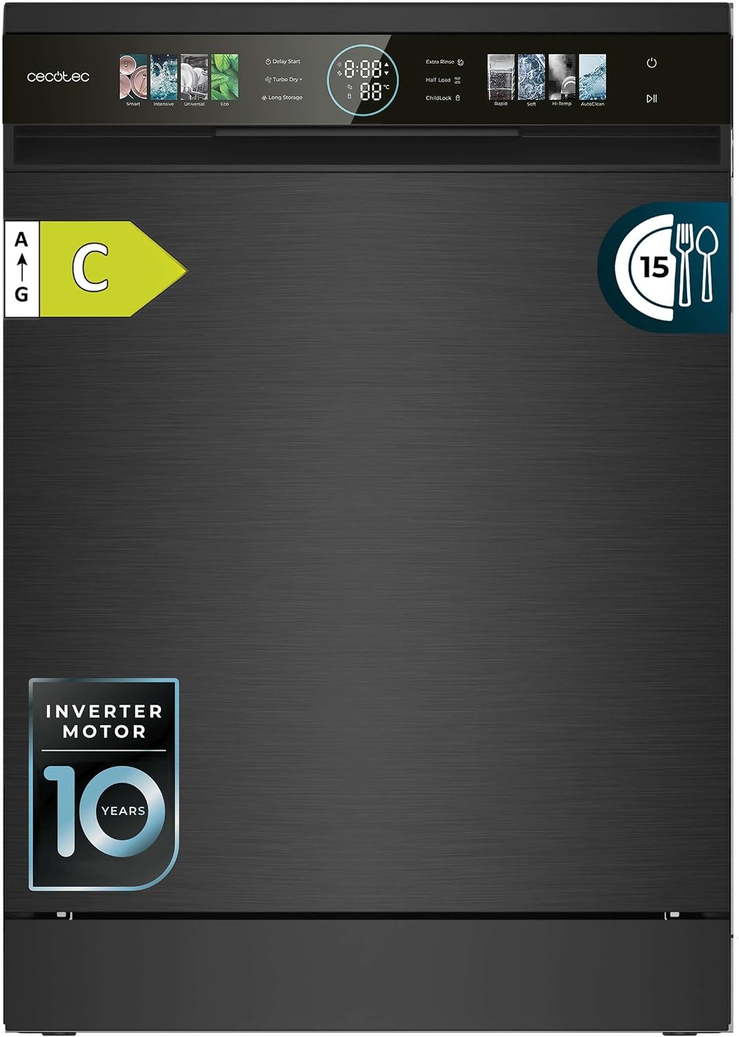Cecotec Lave-vaisselle, 60 cm, moteur Inverter, 1850W, 15 Couverts, 8 Programmes, Écran FullColor XXL, Smart Wash, Turbo Dry+