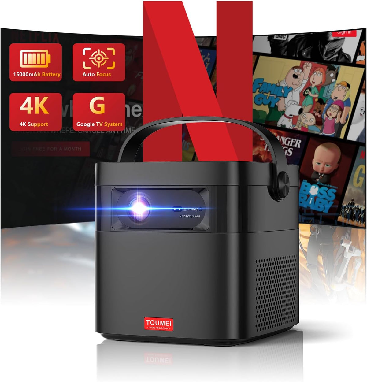 TOUMEI M2 Vidéoprojecteur portable Full HD 1080p compatible 4K, 450 lumens ANSI, batterie 15000 mAh, Google TV, Wi-Fi 6