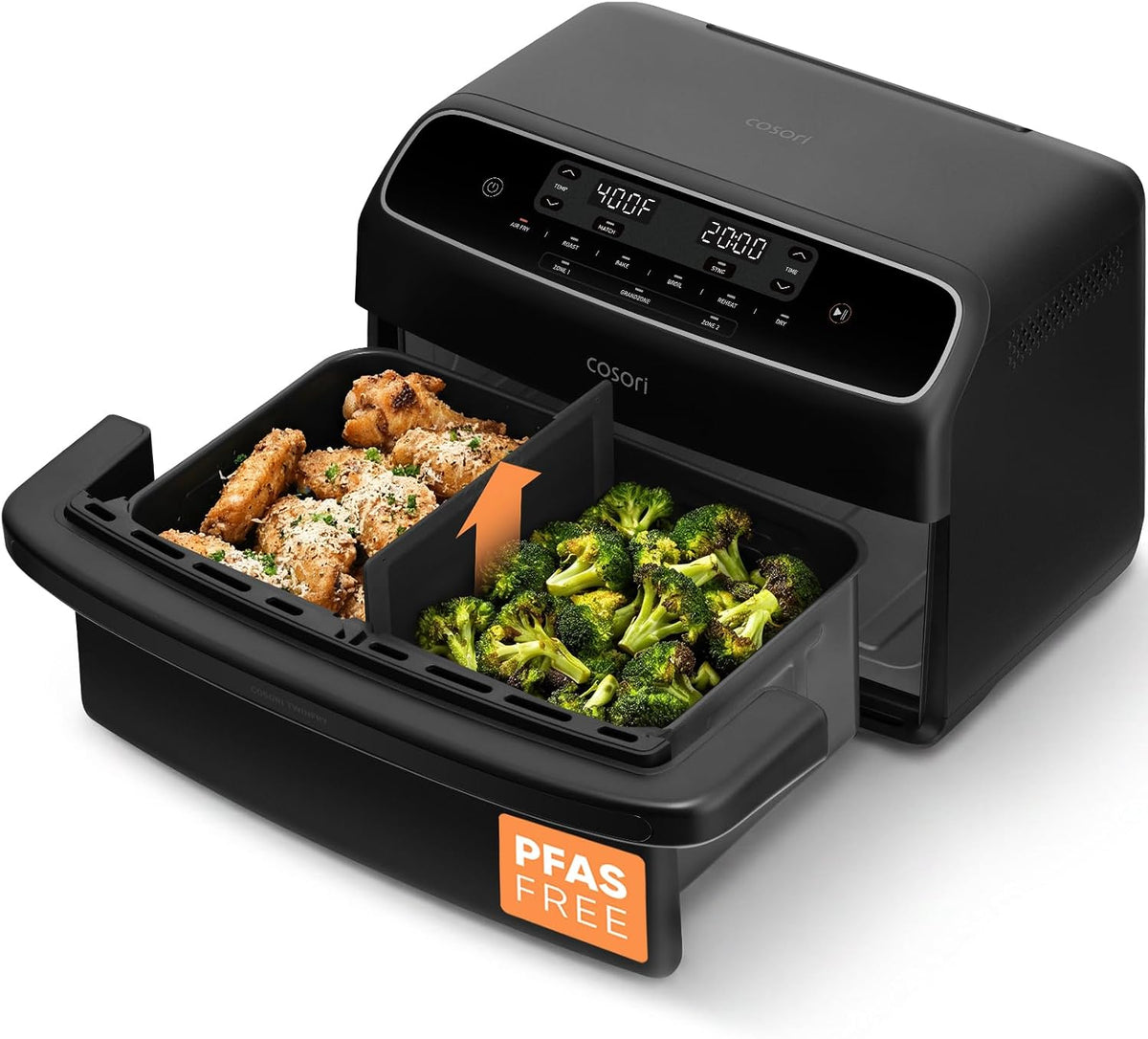 Cosori TWINFRY Friteuse à air double panier 9 qt, séparateur amovible, revêtement céramique sans PFAS, 6 fonctions