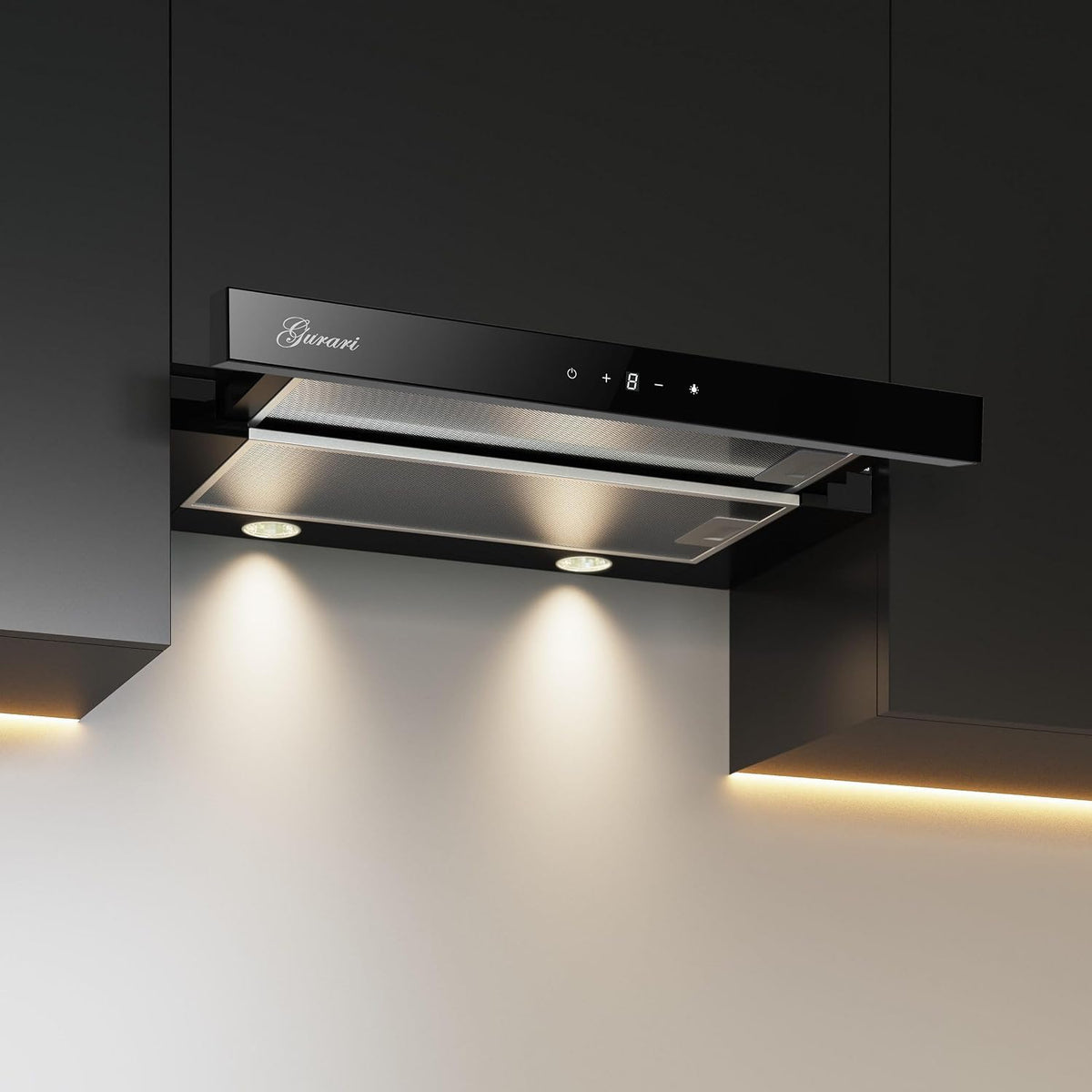 Gurari 3003C Hotte aspirante, 60 cm, éclairage LED, Verre noir, 1, 5 W, 600 mm, 110, 5 mm, 433 mm, 150 mm, 1 000 m3/h, 1000 m3/h, CH 3003C