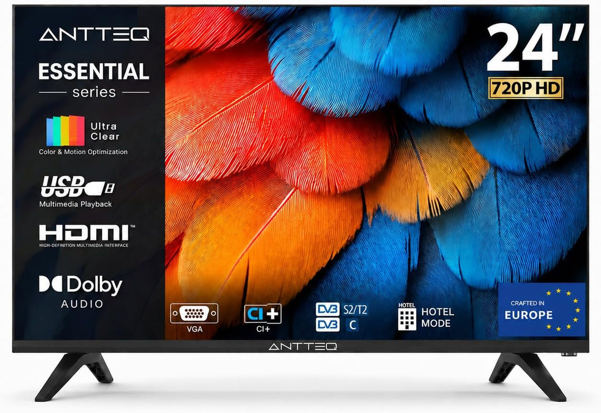 Antteq AE24H5-Q1 Téléviseur, 24 Pouces, éclairage LED, 60 cm, TV 60 cm, Mode Hôtel, USB-Media Player, portable, Dolby Audio, VGA, HDMI, CI+