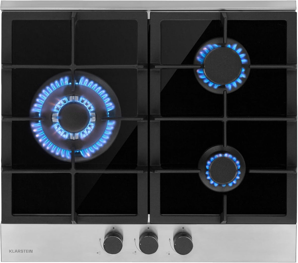 KLARSTEIN Plaque de cuisson, 6.2 kW, Piano Cuisine en Acier Inoxydable, 3 Brûleurs, 7.7kW, 6.2kW, Table de Cuisson à Gaz à 3 Brûleurs, verre