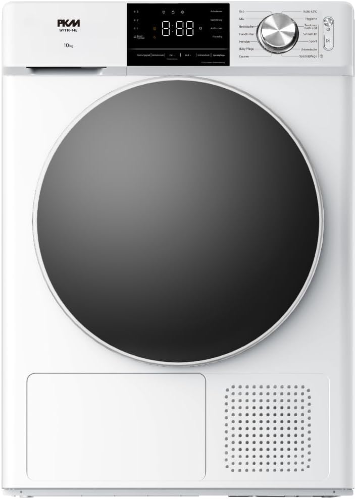 PKM Sèche-linge, éclairage LED, 10 kg, 85 × 59, 5 × 67 cm, 64 dB, WPT10-14E, 14 programmes, Écran LED, pompe à chaleur, Démarrage présélectionné