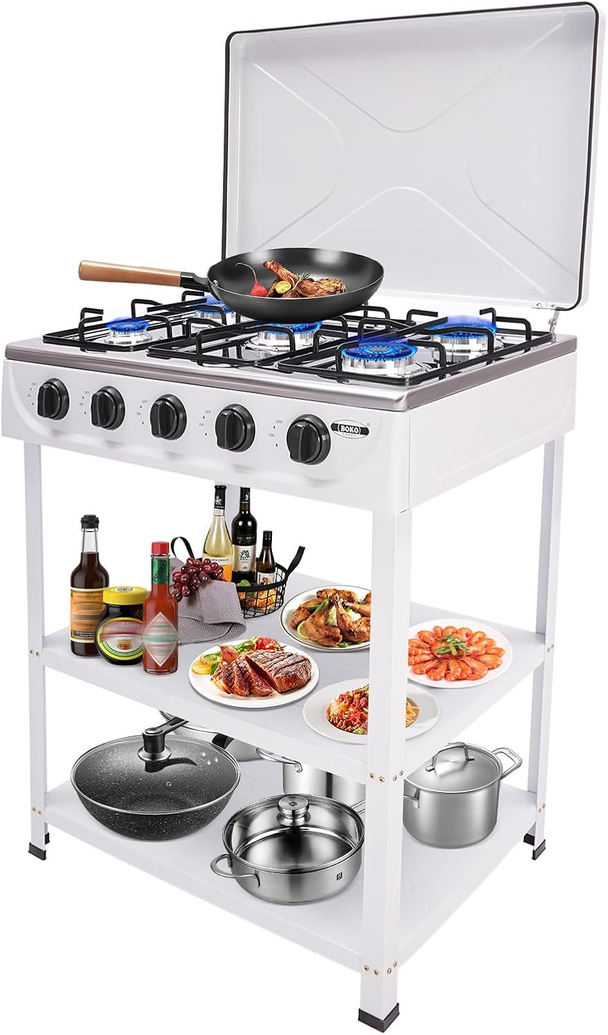 Beaudreaul Cuisinière, 5 BrûLeurs, Brise Appartement Cuisine ExtéRieure, 2, 5 kW, Plaque de Cuisson à Gaz à 5 Feux, Blanc, portable