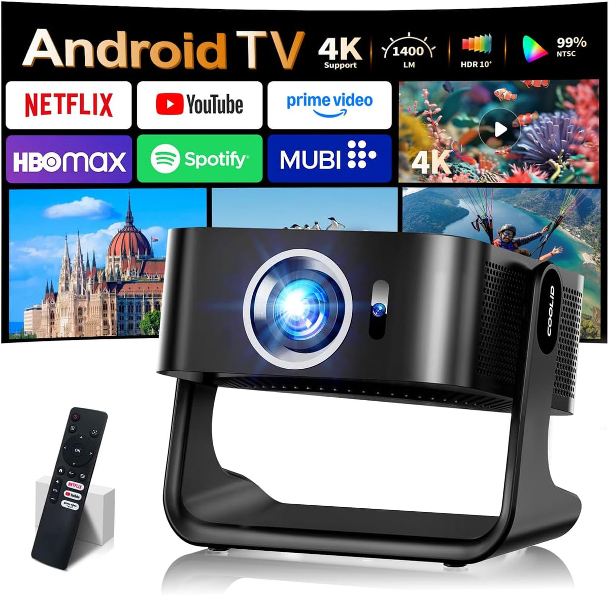 Vidéoprojecteur coolid 1080P, télécommande, Wi-Fi, Bluetooth, portable