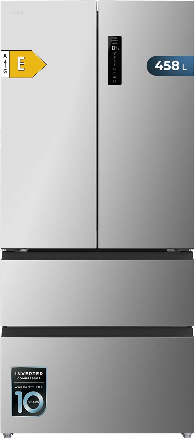 Cecotec Réfrigérateur, 189 cm, No Frost, acier inoxydable, 83 cm, 4 mm, 60 cm, Hauteur 189 cm et 83 cm Largeur, 458L, 4 Portes, 1 °C