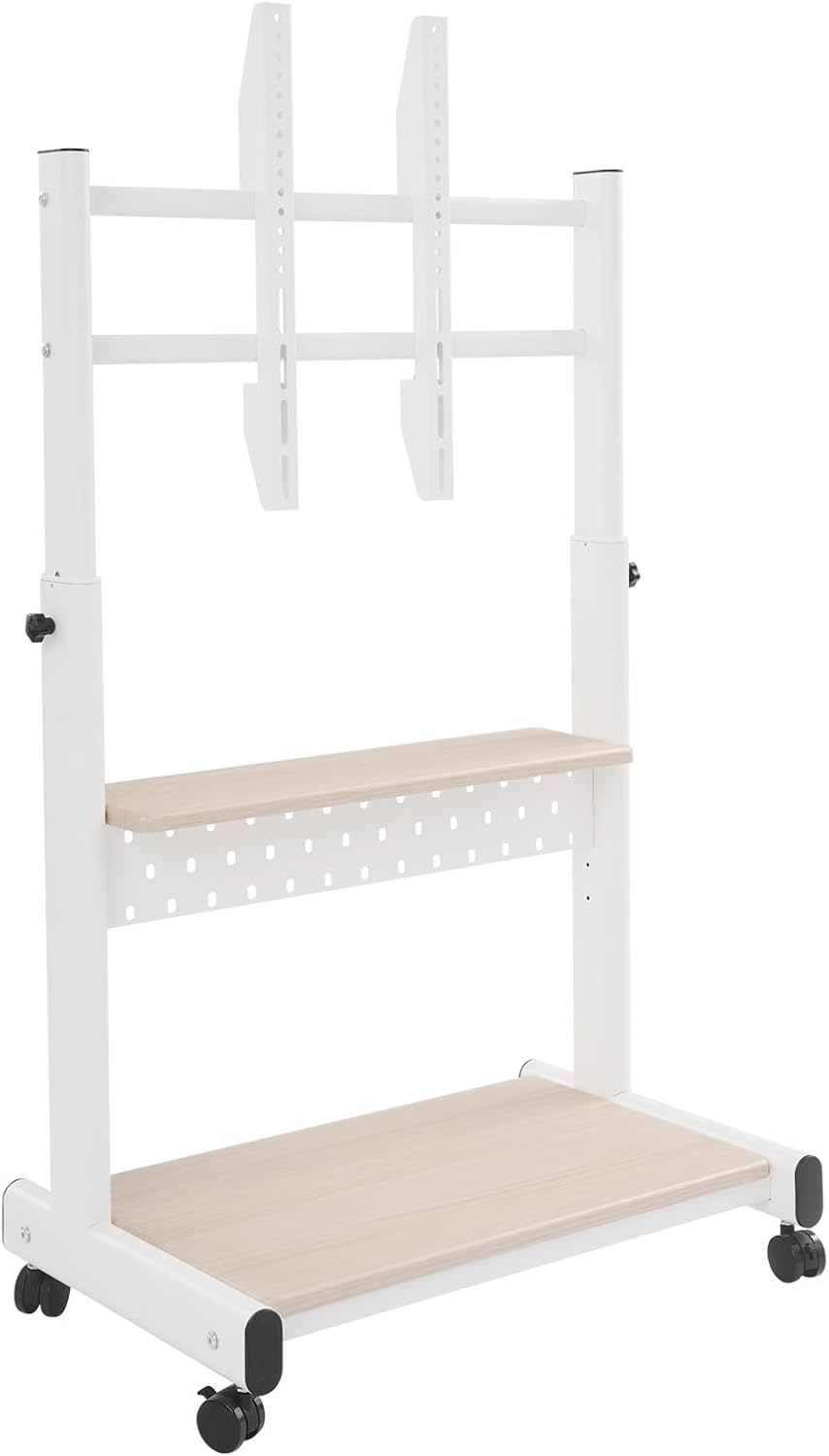 Support TV sur pied, Hauteur réglable de 108, 5 à 128, 5 cm, Support TV sur roulettes pour téléviseur de 43 à 86 pouces, Couleur bois, blanc, HANGKAI