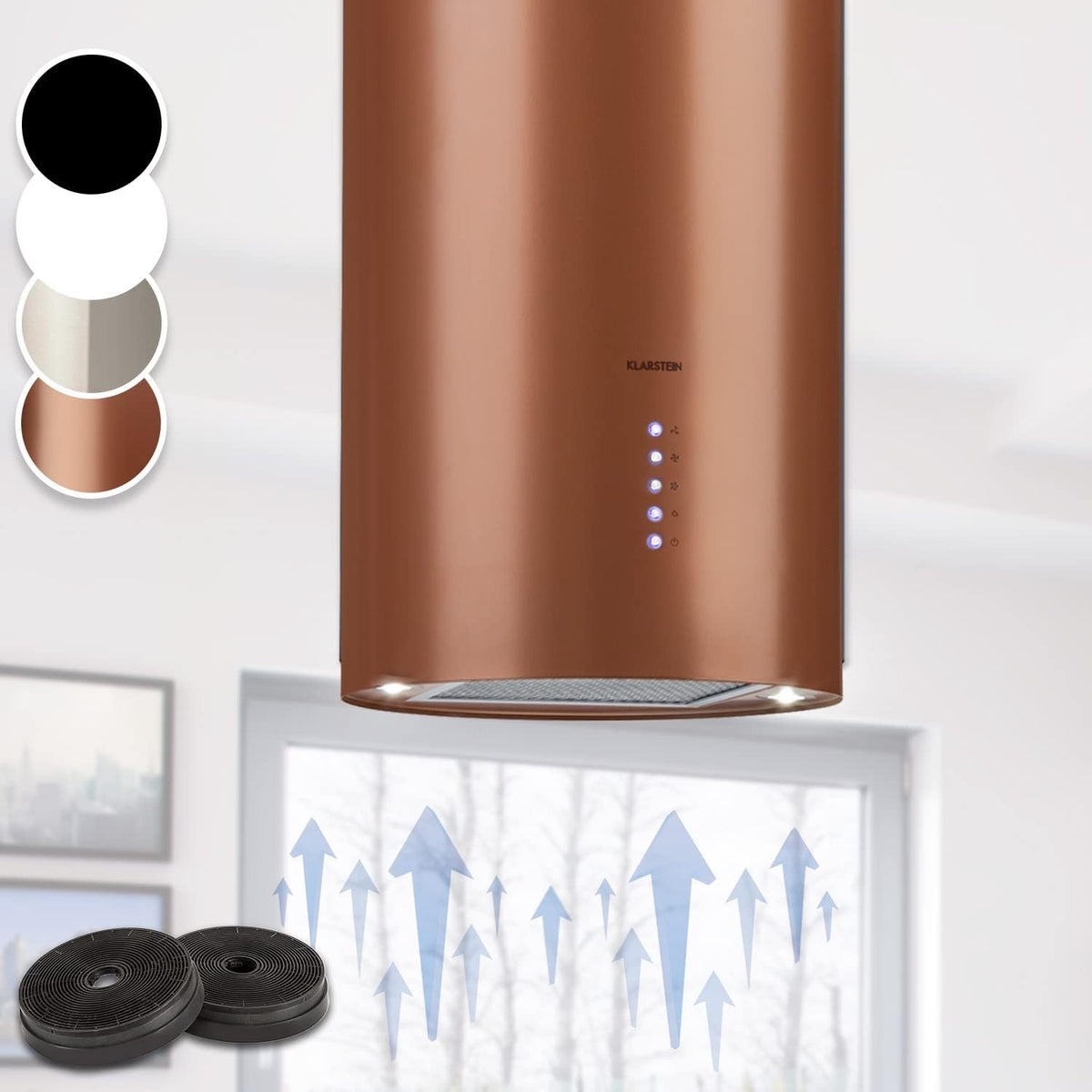 Hotte aspirante KLARSTEIN 519m3, acier inoxydable, réglable, 3 Modes, 3 niveaux, 519m3/h, Débit d'air 519m3/h, minuterie, Minuteur, Ilot Central