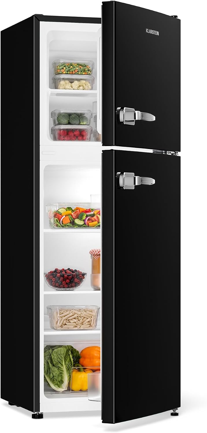 Réfrigérateur KLARSTEIN, verre, réglable, 39 dB, 240 V, 2 niveaux, niveau sonore 39 dB, 50 Hz, noir, Audrey Retro, éclairage intérieur