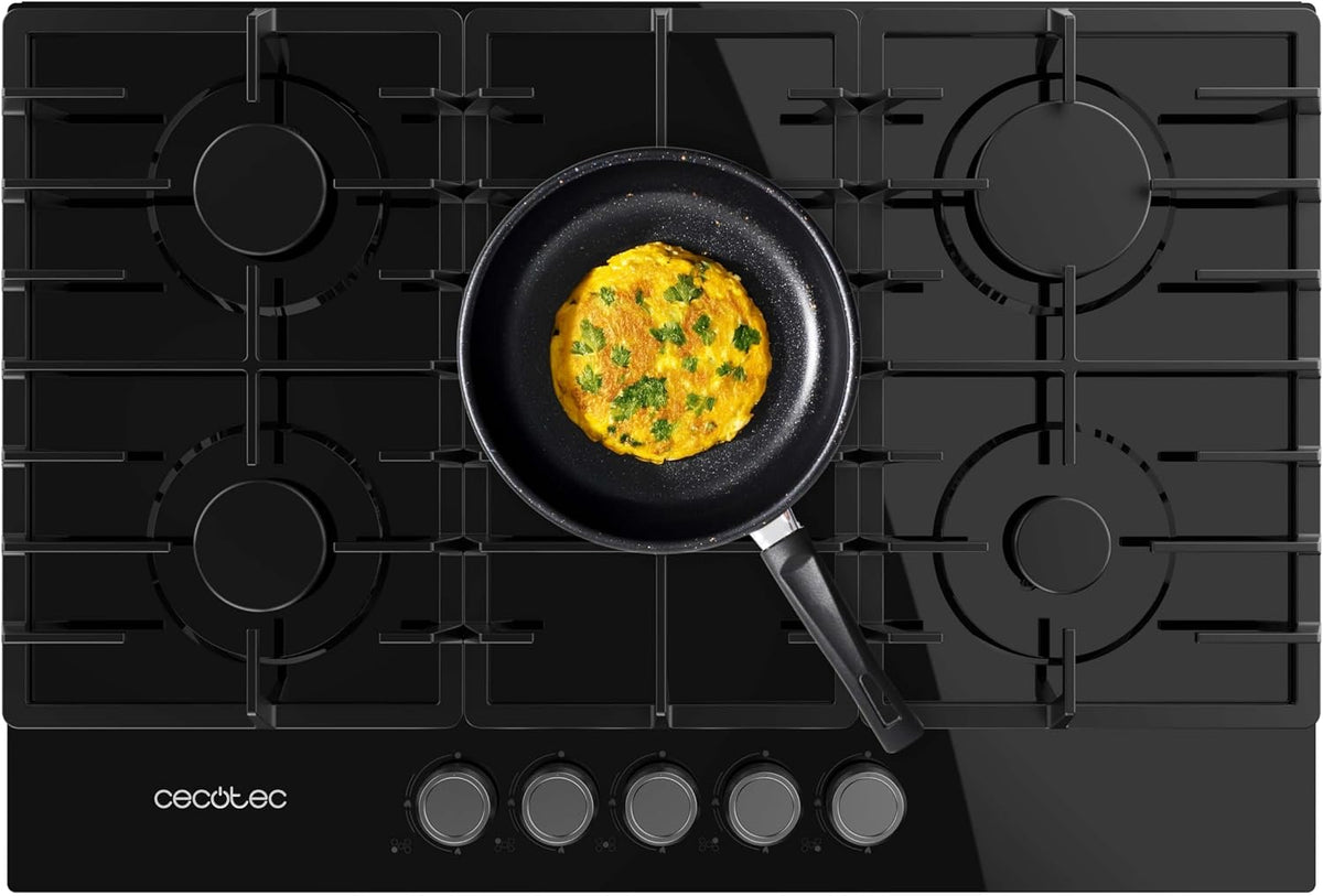 Plaque de cuisson Cecotec 5200F, Table de Cuisson à Gaz 5 Feux Bolero Squad GN 5200F Glass Noir, verre, 11 kW, 3, 5 kW, 3 kW, 1, 75 kW